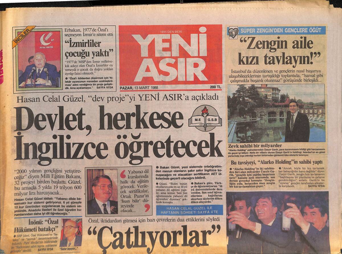 Yeni Asır Gazetesi 13 Mart 1988 - Demirel'in Bakanı Özal'dan Kız Aldı - Altay Sakarya'dan 3 Puan İstiyor GZ132050 - 1