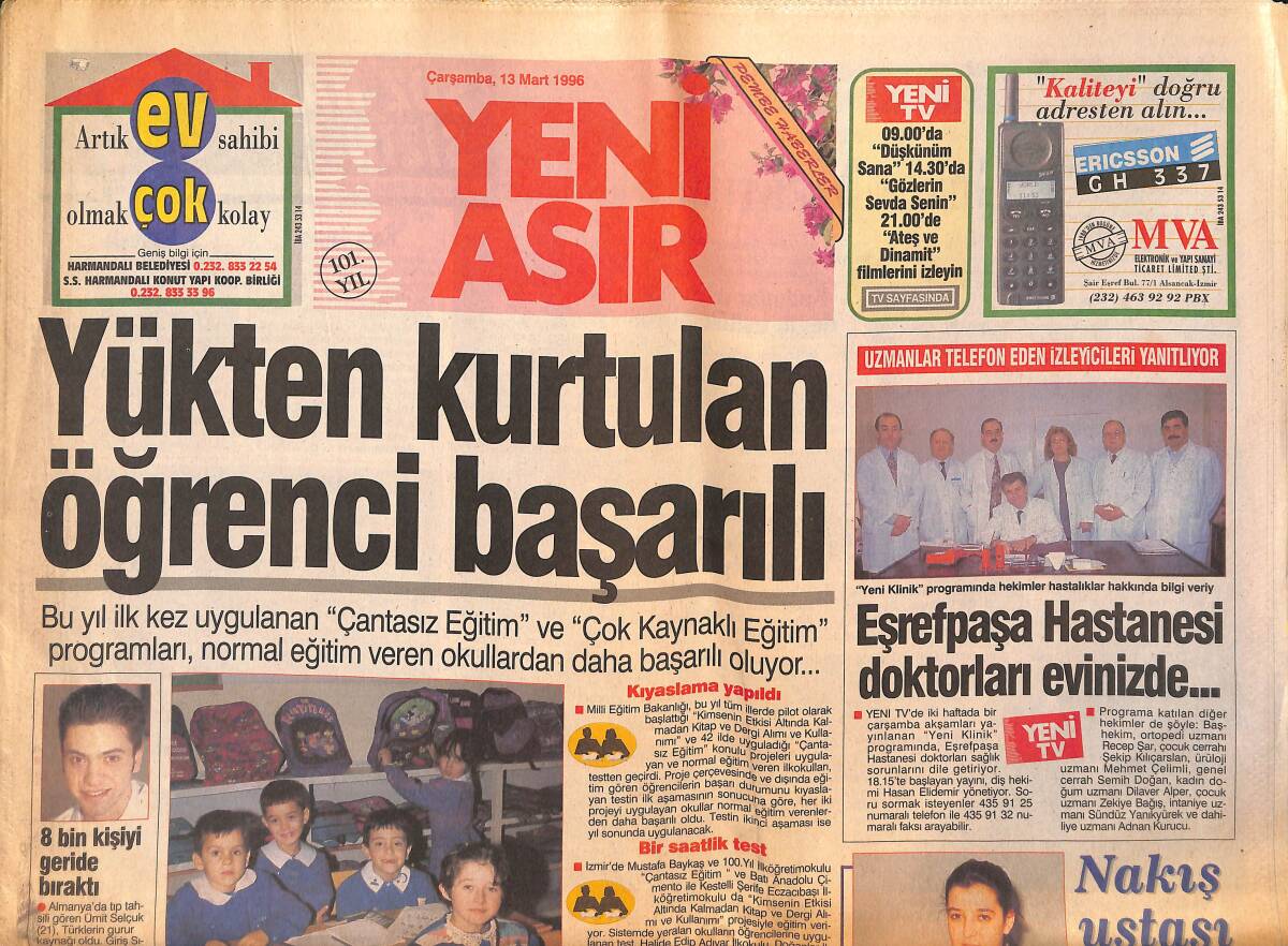 Yeni Asır Gazetesi 13 Mart 1996 - Eşrefpaşa Hastanesi Doktorları Evinizde... - Elektrikle Çalışan Çevre Dostu Kamyon GZ133463 - 1