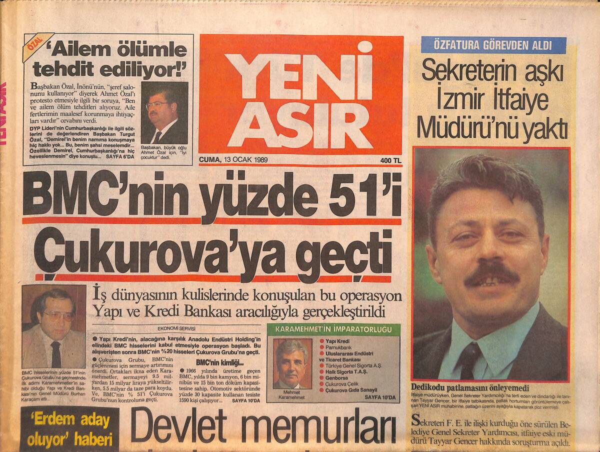 Yeni Asır Gazetesi 13 Ocak 1989 - BMC'nin Yüzde 51'i Çukurova'ya Geçti - Papandre'nun Karısı 200 Milyara Boşanacak GZ133462 - 1