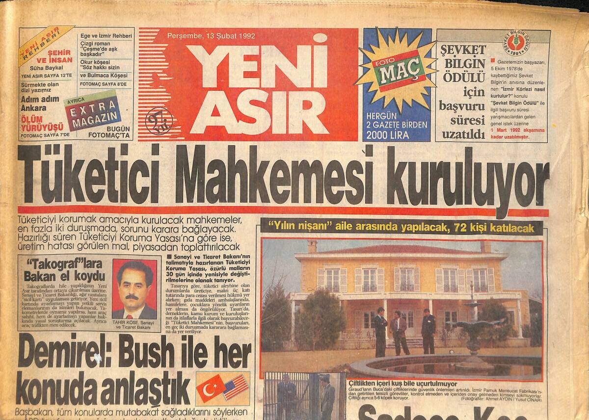 Yeni Asır Gazetesi 13 Şubat 1992 - Tansu Çiller Kaza Geçirdi - Zuhal Olcay , Haluk Bilginer'le Evlendi GZ133664 - 1