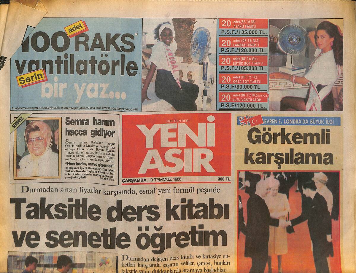 Yeni Asır Gazetesi 13 Temmuz 1988 - Tahsin Kaya İstifa Etti - Taksitle Ders Kitabı Ve Senetle Öğretim GZ133773 - 1