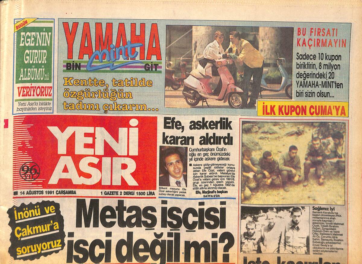 Yeni Asır Gazetesi 14 Ağustos 1991 - Metaş İşçisi İşçi Değil Mi ? - Beşiktaş'ın İnönü Şovu GZ132148 - 1