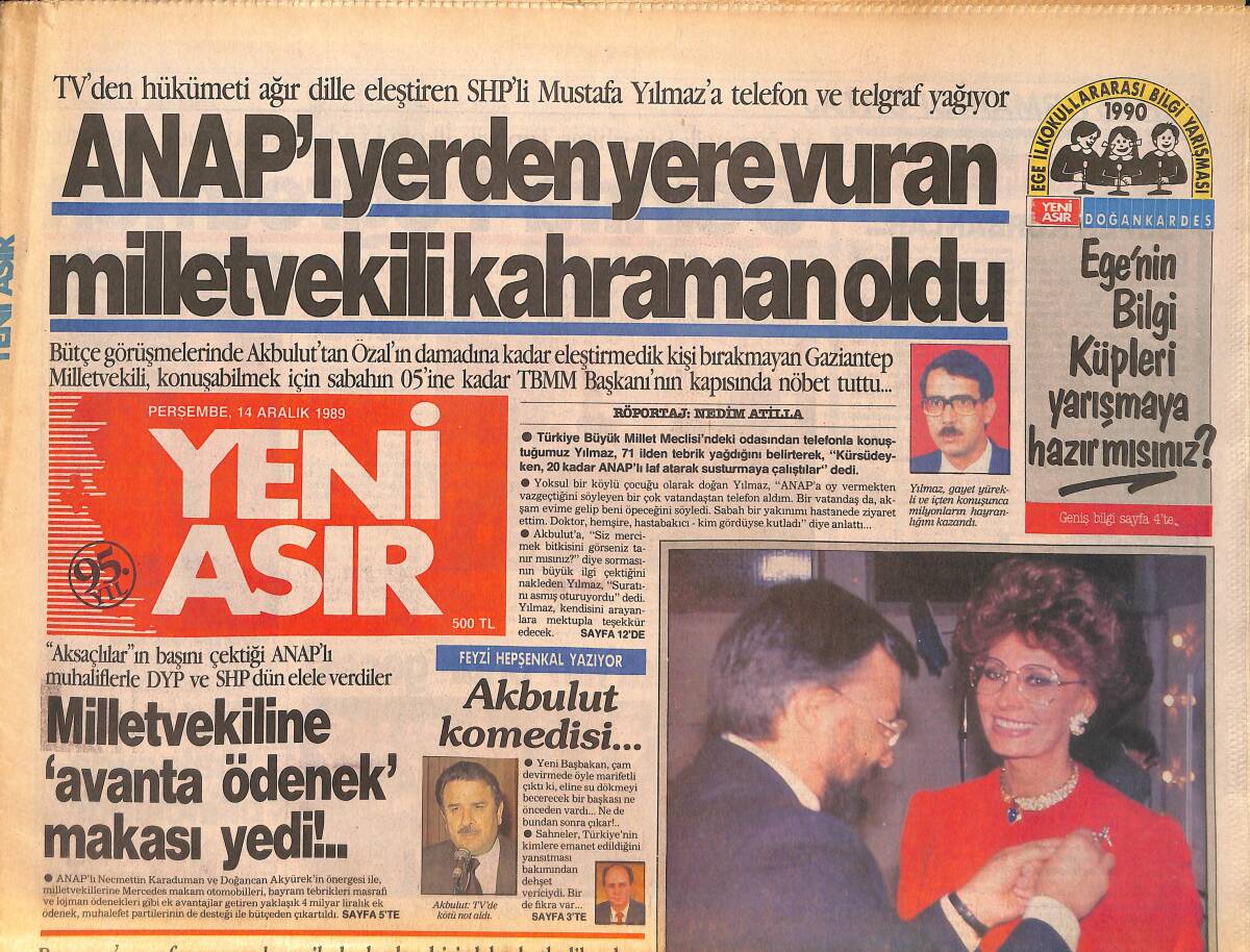 Yeni Asır Gazetesi 14 Aralık 1989 - Bornova'da Şehircilik Cinayeti - Galatasaray Gergin Fenerbahçe Sakin GZ133465 - 1