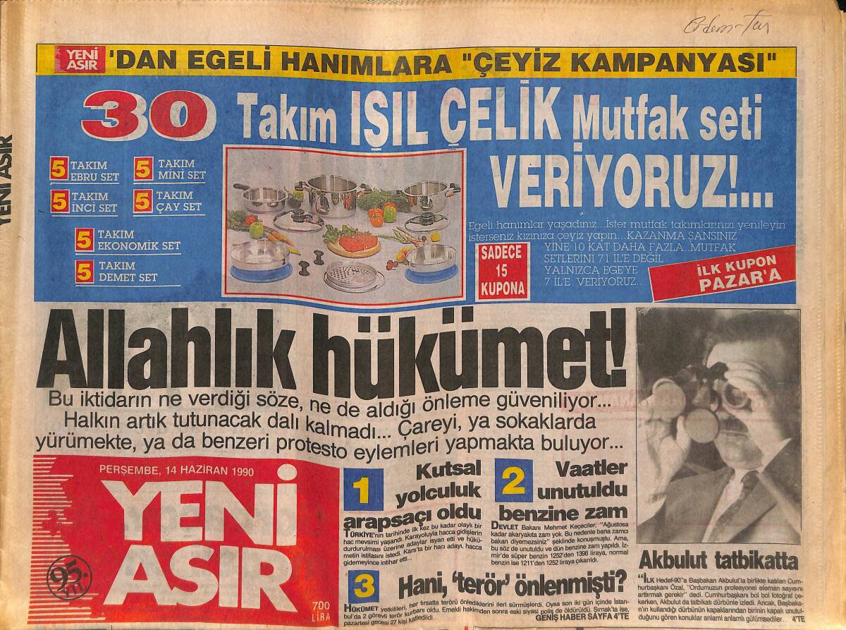 Yeni Asır Gazetesi 14 Haziran 1990 - Romanya'da İsyan Çıktı - Yüksel Çakmur Özal'ın Konvoyunu Delip Geçti ! GZ133823 - 1