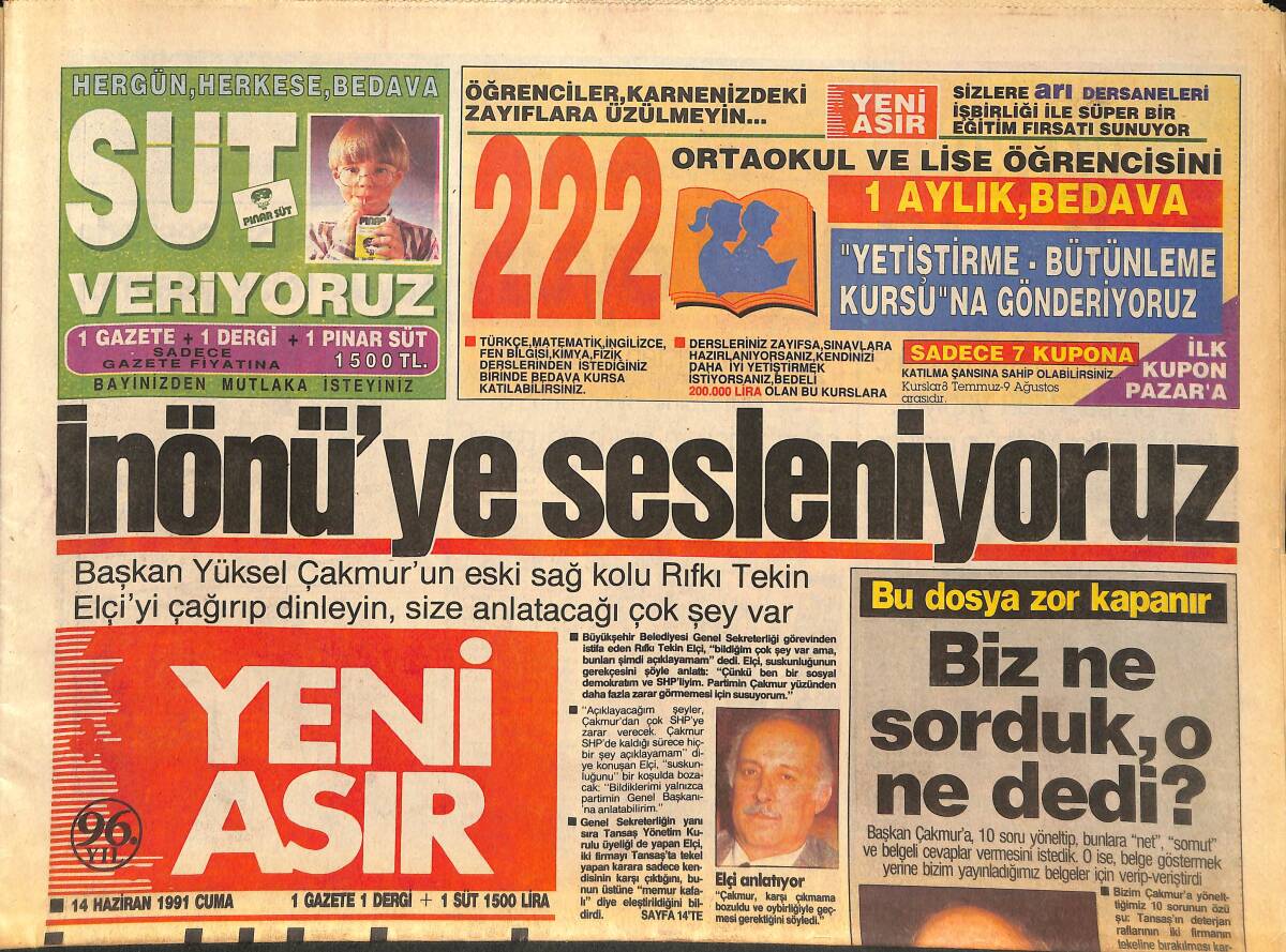 Yeni Asır Gazetesi 14 Haziran 1991 - Akbulut İle Mesut Yılmaz , '' Yüzer-Gezer'' Delege Avında GZ134356 - 1