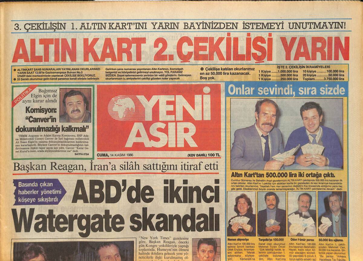 Yeni Asır Gazetesi 14 Kasım 1986 - Altay , Romanya İle Amatör Köprüsü Kurdu - ABD'de İkinci Watergate Skandalı GZ133677 - 1