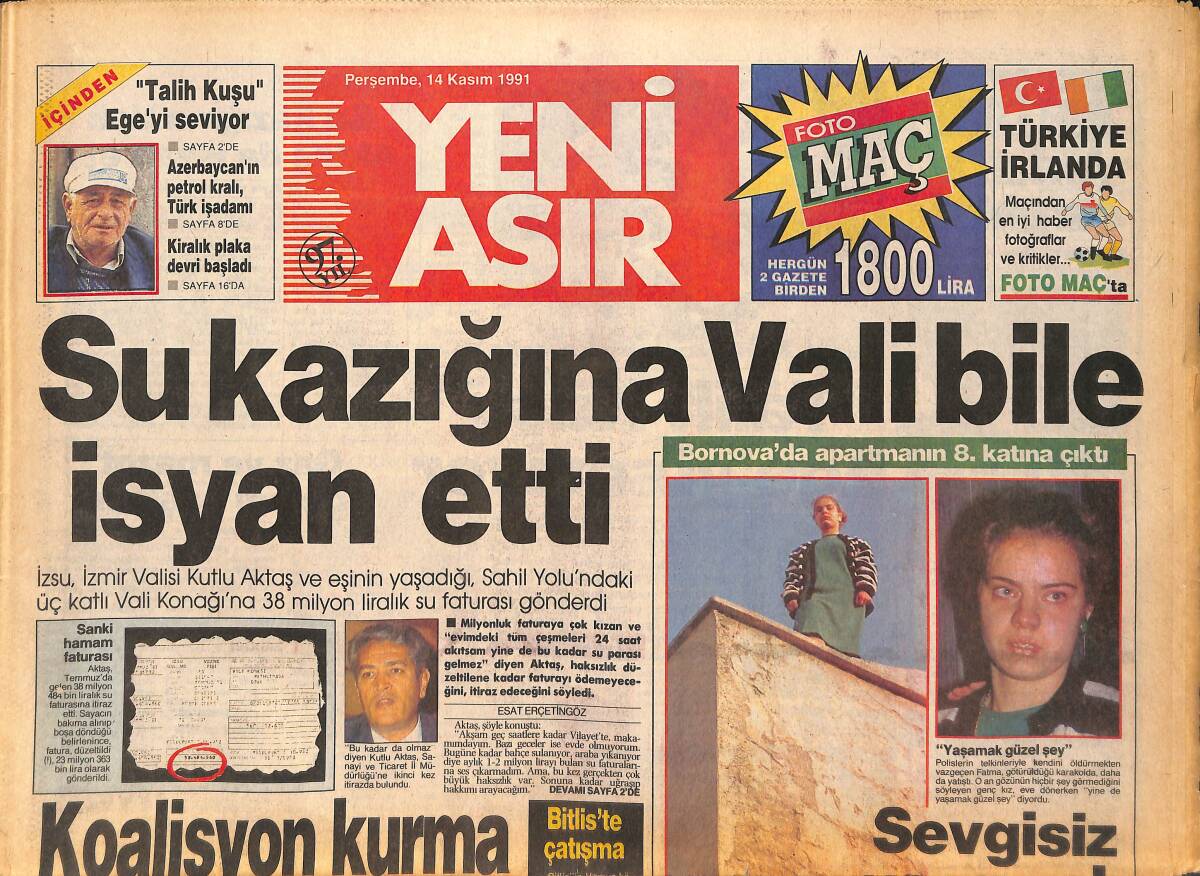 Yeni Asır Gazetesi 14 Kasım 1991 - Başkanların maaş yarışı - Meral Nayman 