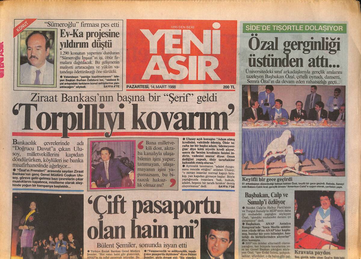 Yeni Asır Gazetesi 14 Mart 1988 - Rifat Özbek Yine Manşette - Özal Gerginliği Üstünden Attı GZ132049 - 1