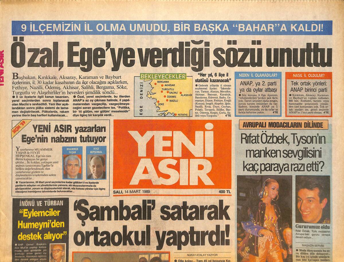 Yeni Asır Gazetesi 14 Mart 1989 - Rıfat Özbek , Tyson'ın Manken Sevgilisini Kaç Paraya Razı Etti ? - Fethiye Savcısı'nın Otosunu Yaktılar... GZ133666 - 1