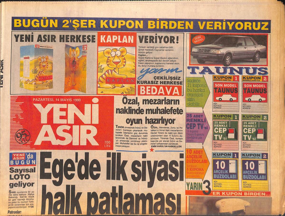 Yeni Asır Gazetesi 14 Mayıs 1990 - Marmaris'te Yat Şenliği - Hüner Coşkuner ' Beni Sevmeni İstiyorum ' Kaset Afişi GZ133590 - 1