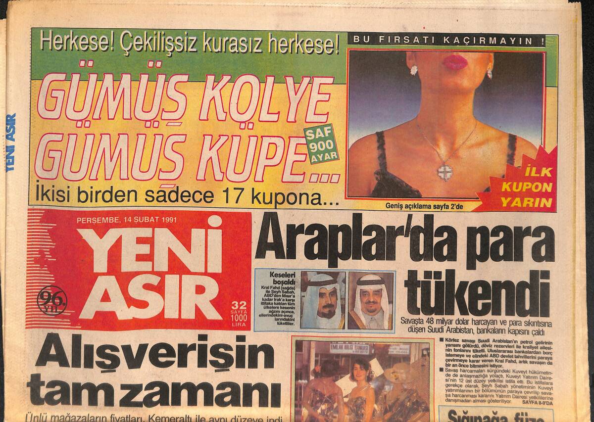 Yeni Asır Gazetesi 14 Şubat 1991 - Sığınağa Füze Düştü : Bin Ölü - Nefes Kesen Maçta Galip Taraf Cim-Bom GZ132230 - 1