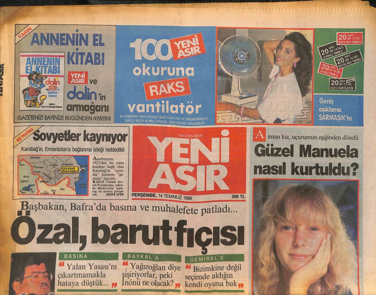 Yeni Asır Gazetesi 14 Temmuz 1988 - Güzel Manuela Nasıl Kurtuldu ? - Hayali İthalat Yine Gündemde GZ133805 - 1