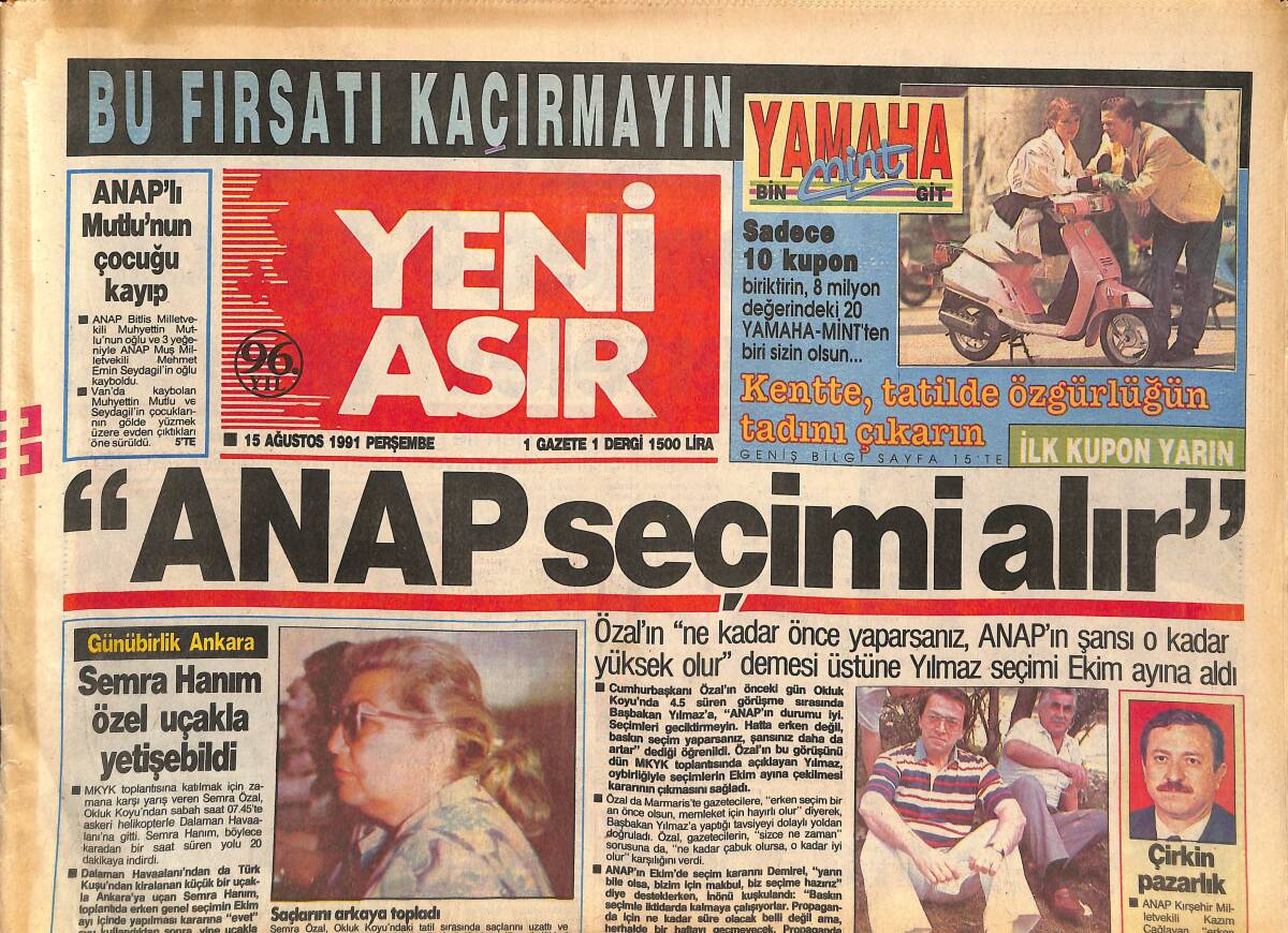 Yeni Asır Gazetesi 15 Ağustos 1991 - Baykal'a İzmir'de Lider Muamelesi - ANAP Seçimi Alır GZ132149 - 1