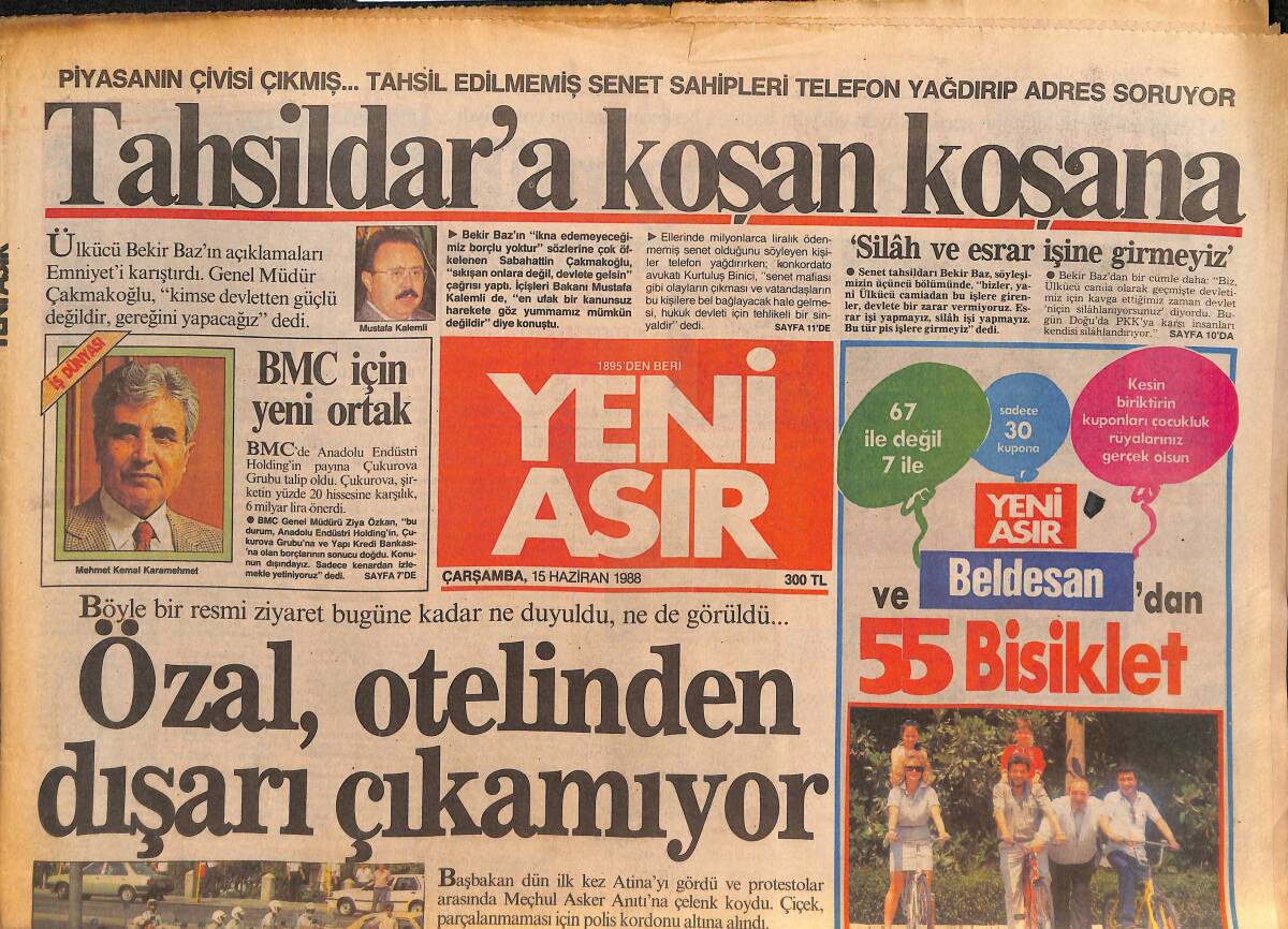 Yeni Asır Gazetesi 15 Haziran 1988 - Özal Otelinden Dışarı Çıkamıyor - Atina'da Bir Uzo Gecesi GZ132116 - 1