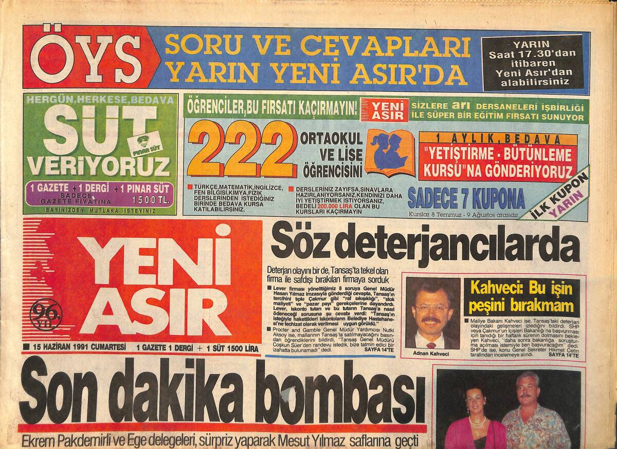 Yeni Asır Gazetesi 15 Haziran 1991 - Kahveci : Bu İşin Peşini Bırakmam - Fener'in Romanya Çıkarması GZ134355 - 1