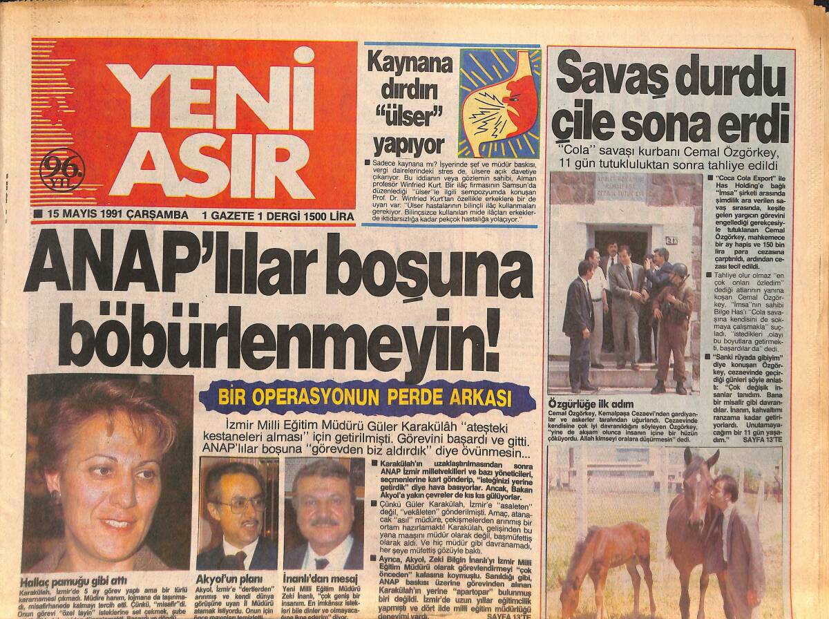 Yeni Asır Gazetesi 15 Mayıs 1991 - Mitçotatis'ten Özal'a Politika Ciddiyet İster - Tanju Masaya Oturuyor GZ132177 - 1