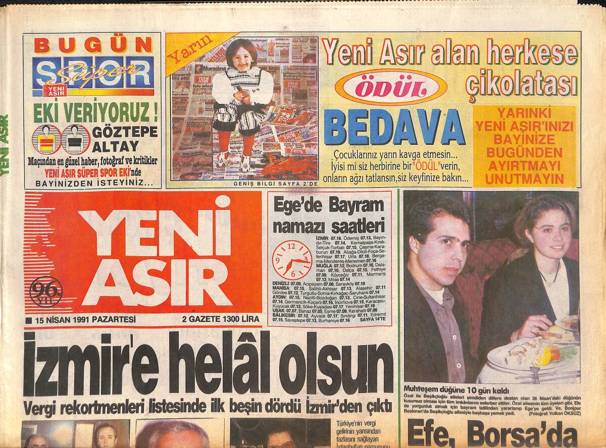 Yeni Asır Gazetesi 15 Nisan 1991 - Vergi Rekortmenleri Listesinde İlk Beşin Dördü İzmir'den Çıktı GZ134073 - 1