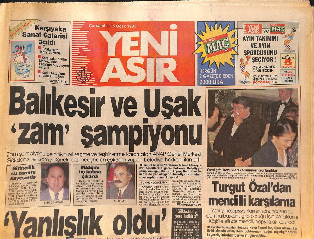 Yeni Asır Gazetesi 15 Ocak 1992 -Balıkesir Ve Uşak 