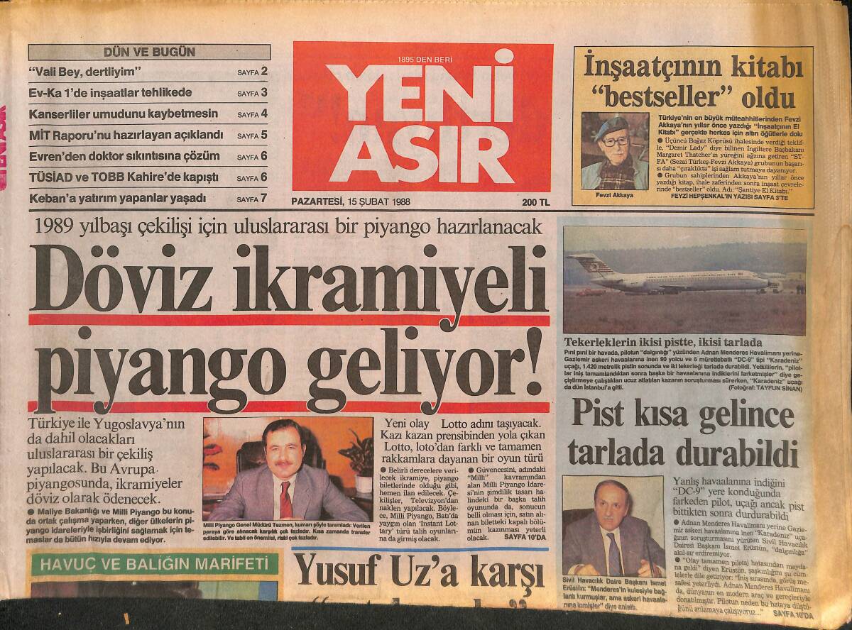Yeni Asır Gazetesi 15 Şubat 1988 - Döviz İkramiyeli Piyango Geliyor ! - Fatma Girik Nikahlandı GZ133726 - 1