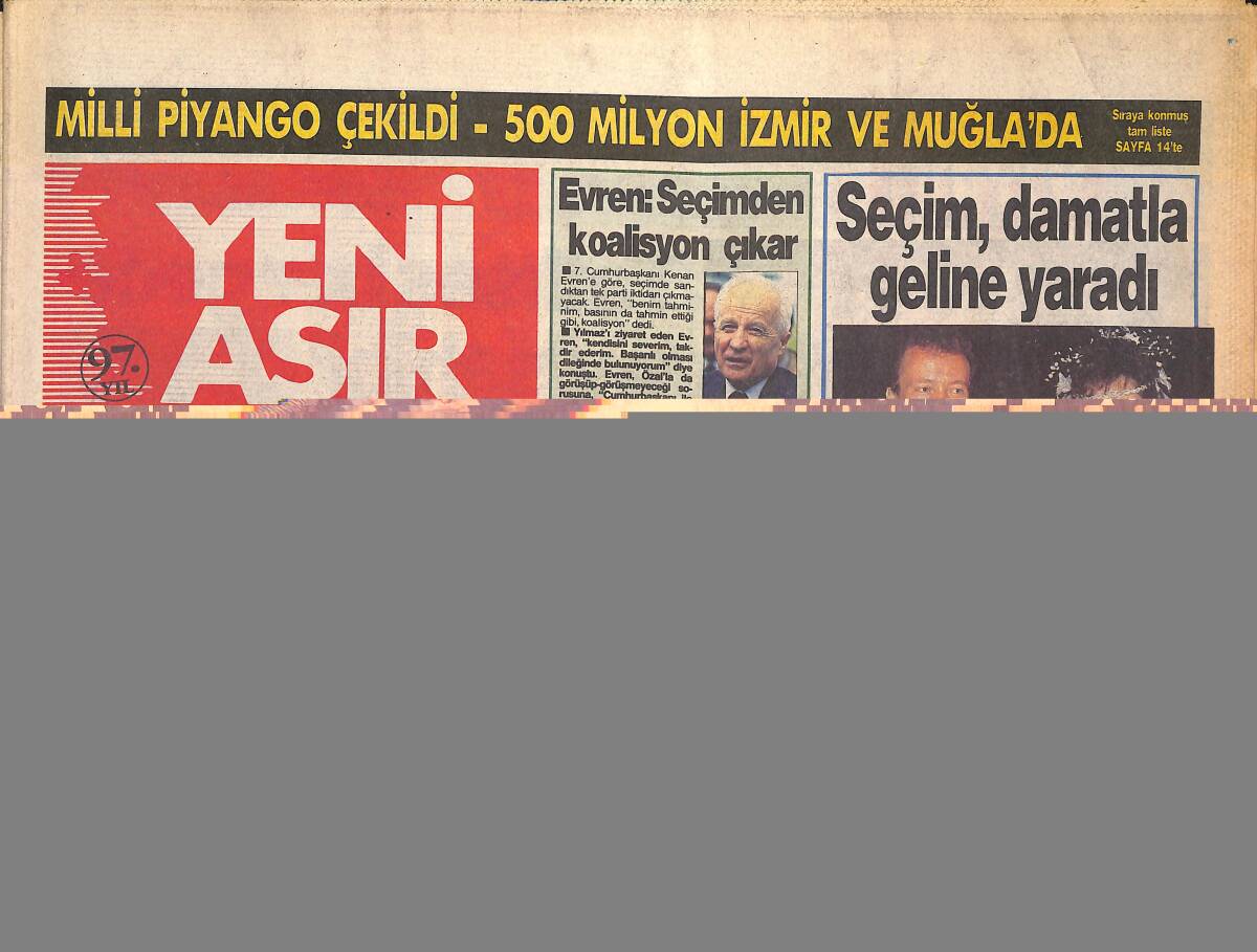 Yeni Asır Gazetesi 10 Eylül 1991 - Fenerbahçe'nin Gerson Keyfi - Özal'ın Hedefi Demirel GZ131582 - 1