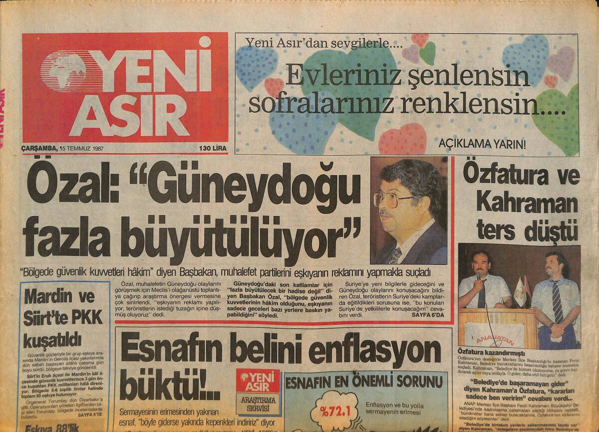 Yeni Asır Gazetesi 15 Temmuz 1987 - Rambo'nun Karısı Kadınla Yakalandı - Altay'lılar , 3 Kişilik Odalarda Kalıyorlar GZ134371 - 1