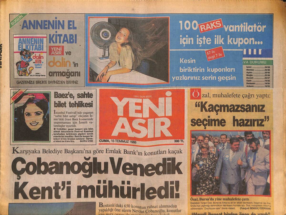 Yeni Asır Gazetesi 15 Temmuz 1988 - Bülent Ersoy Tatilde - Seba : Şampiyonluğun En Büyük Adayı Beşiktaş GZ133804 - 1