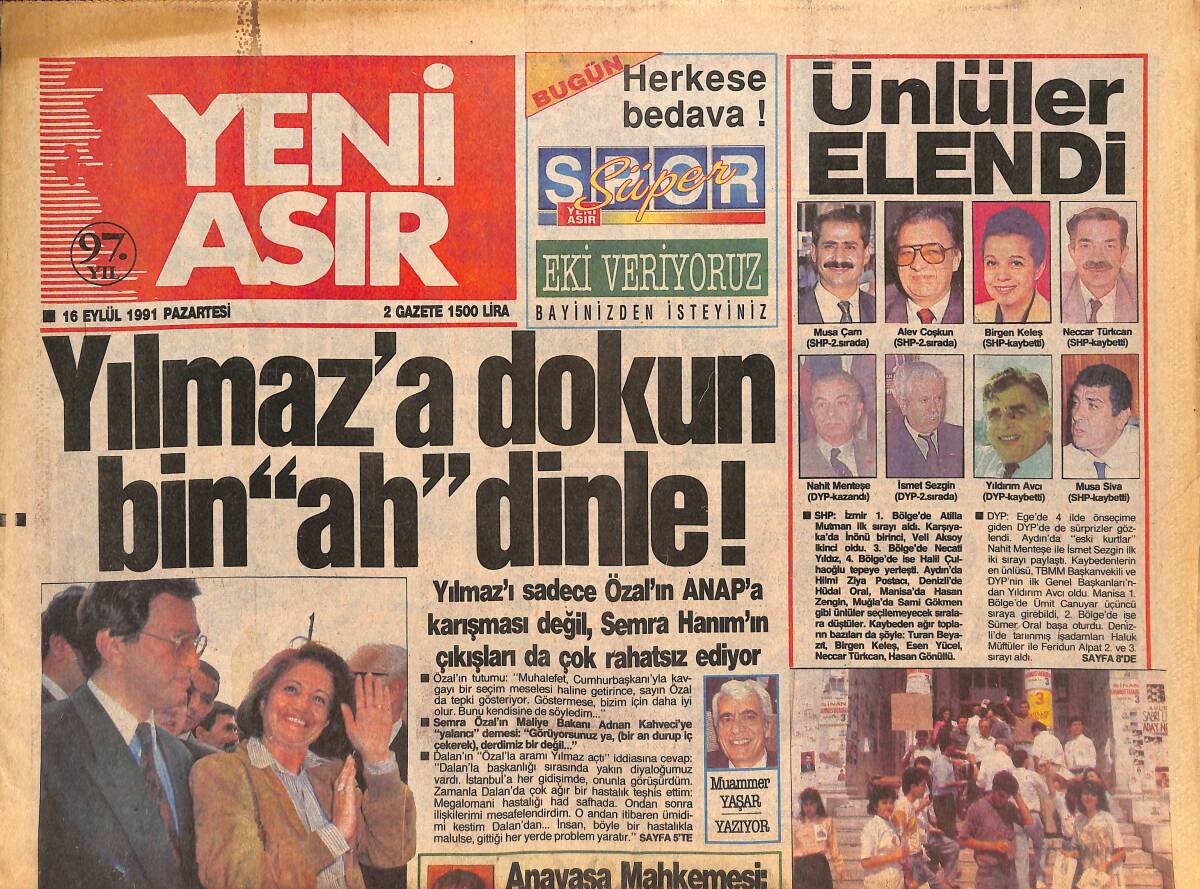 Yeni Asır Gazetesi 16 Eylül 1991 - Ankara'da Kürt Temsilciliği - Demirel'in Dalanlı İlk Mitingi GZ132114 - 1
