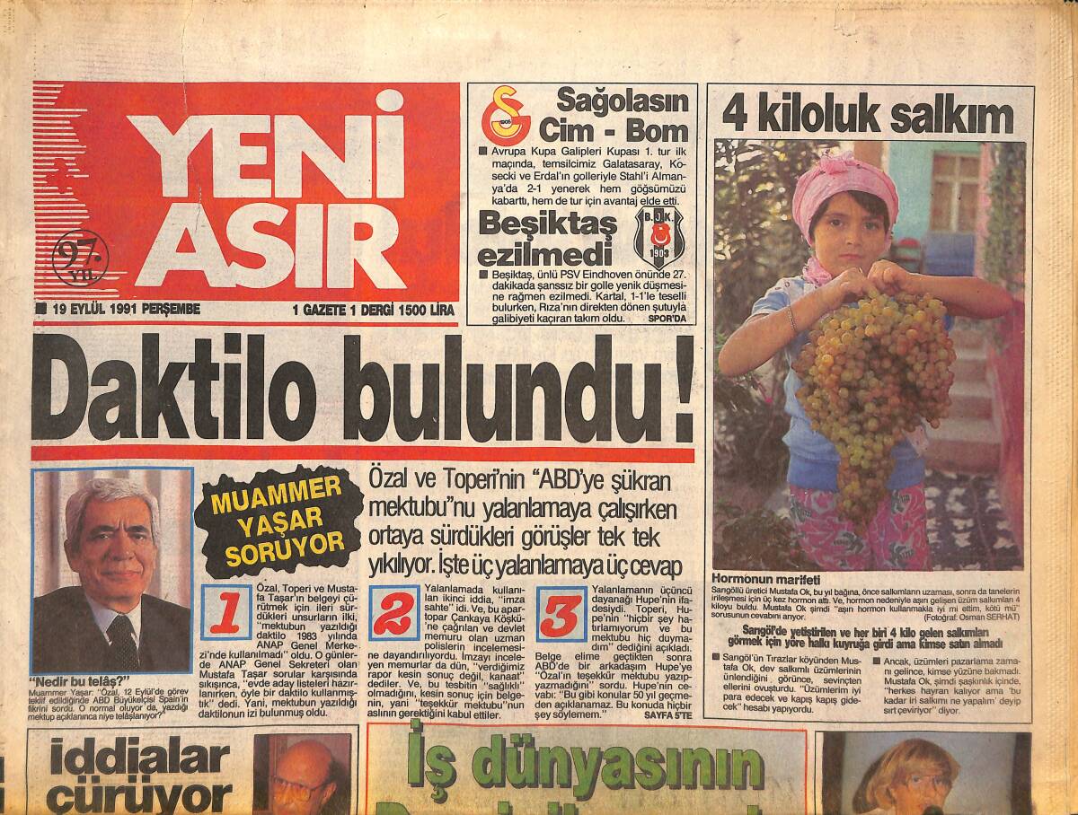 Yeni Asır Gazetesi 16 Eylül 1991 - Çakmur'un İntikamı - Daktilo Bulundu ! GZ133604 - 1