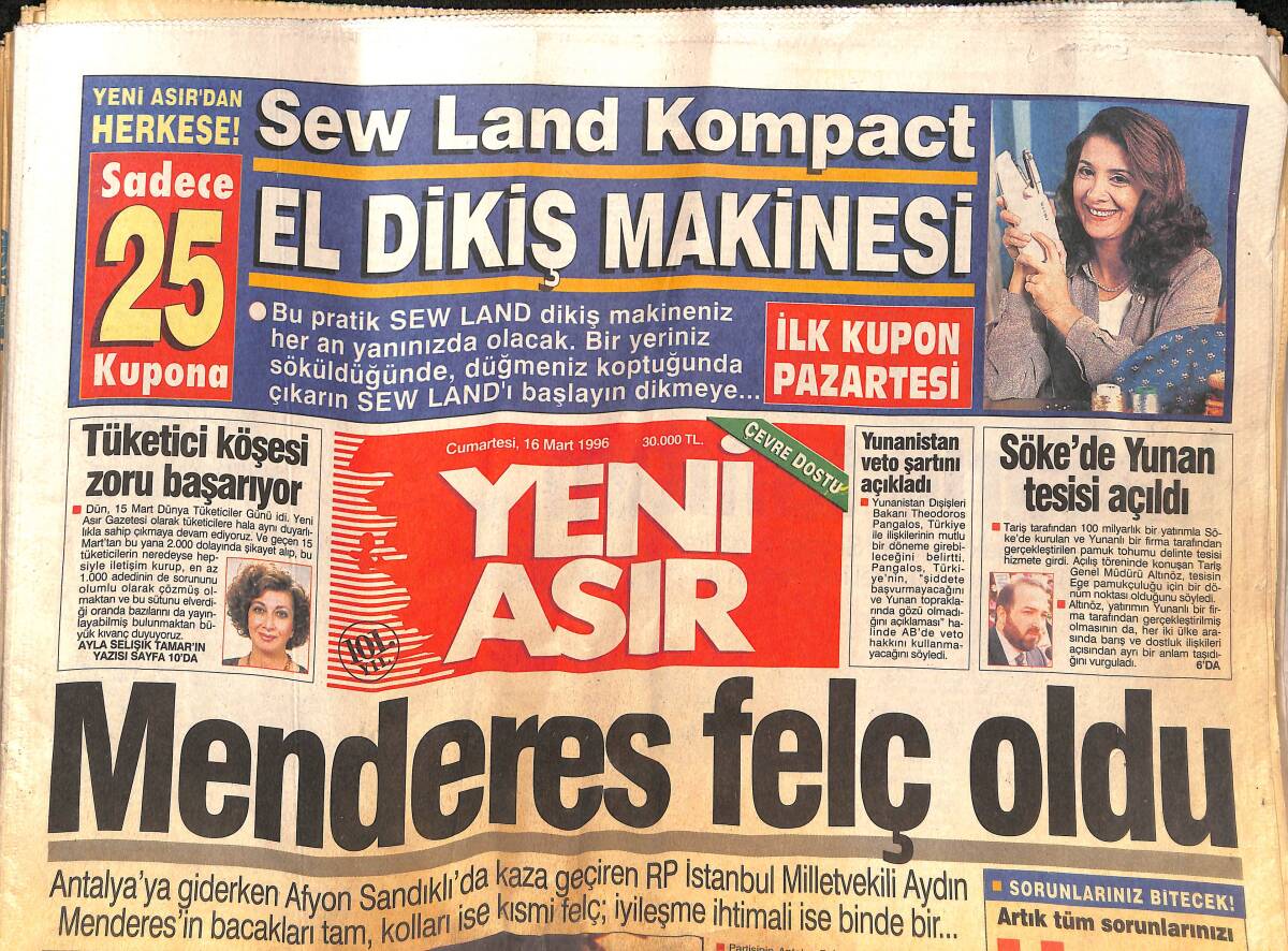 Yeni Asır Gazetesi 16 Mart 1996 - Adnan Menderes Felç Oldu - Fenerde İki Fire Daha - Beşiktaş'a Sert Uyarı GZ134773 - 1