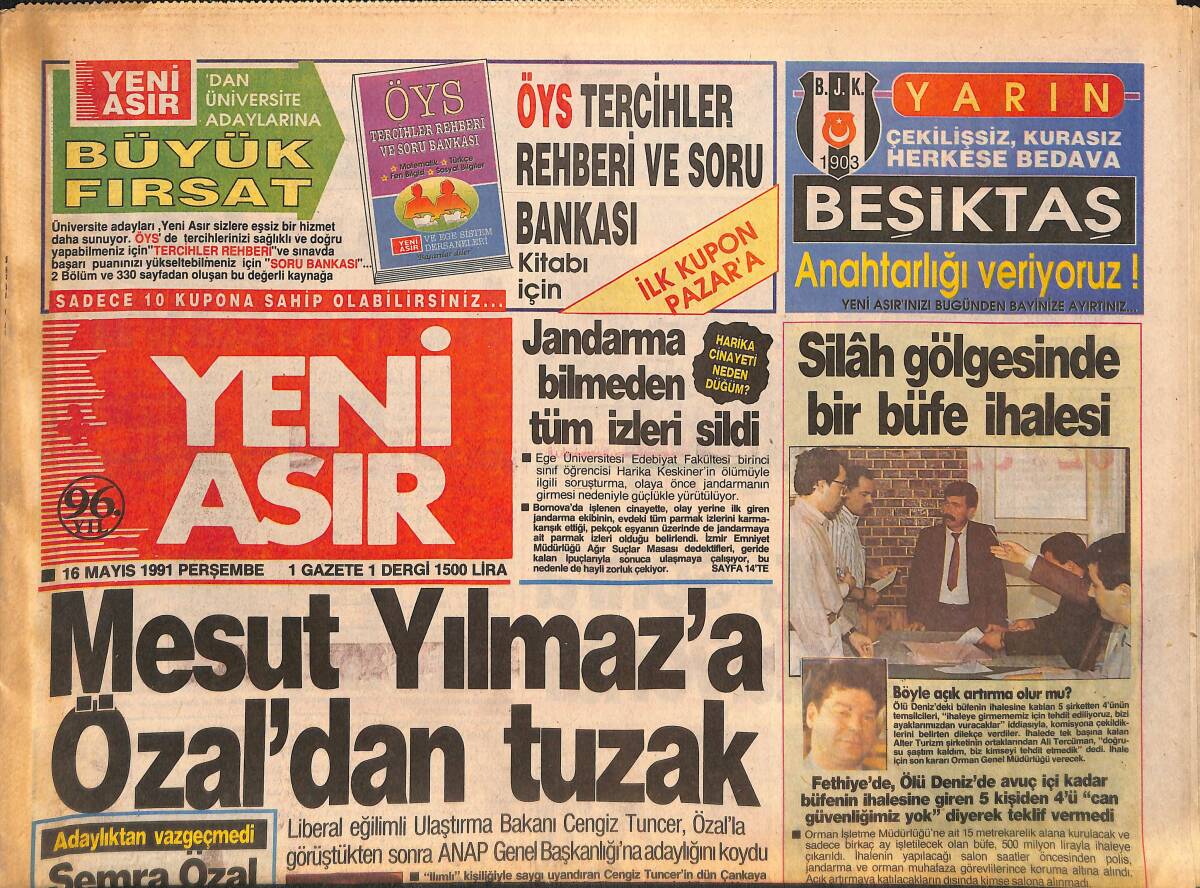 Yeni Asır Gazetesi 16 Mayıs 1991 - Mesut Yılmaz'a Özal'dan Tuzak - Demirel'den Evren'e 
