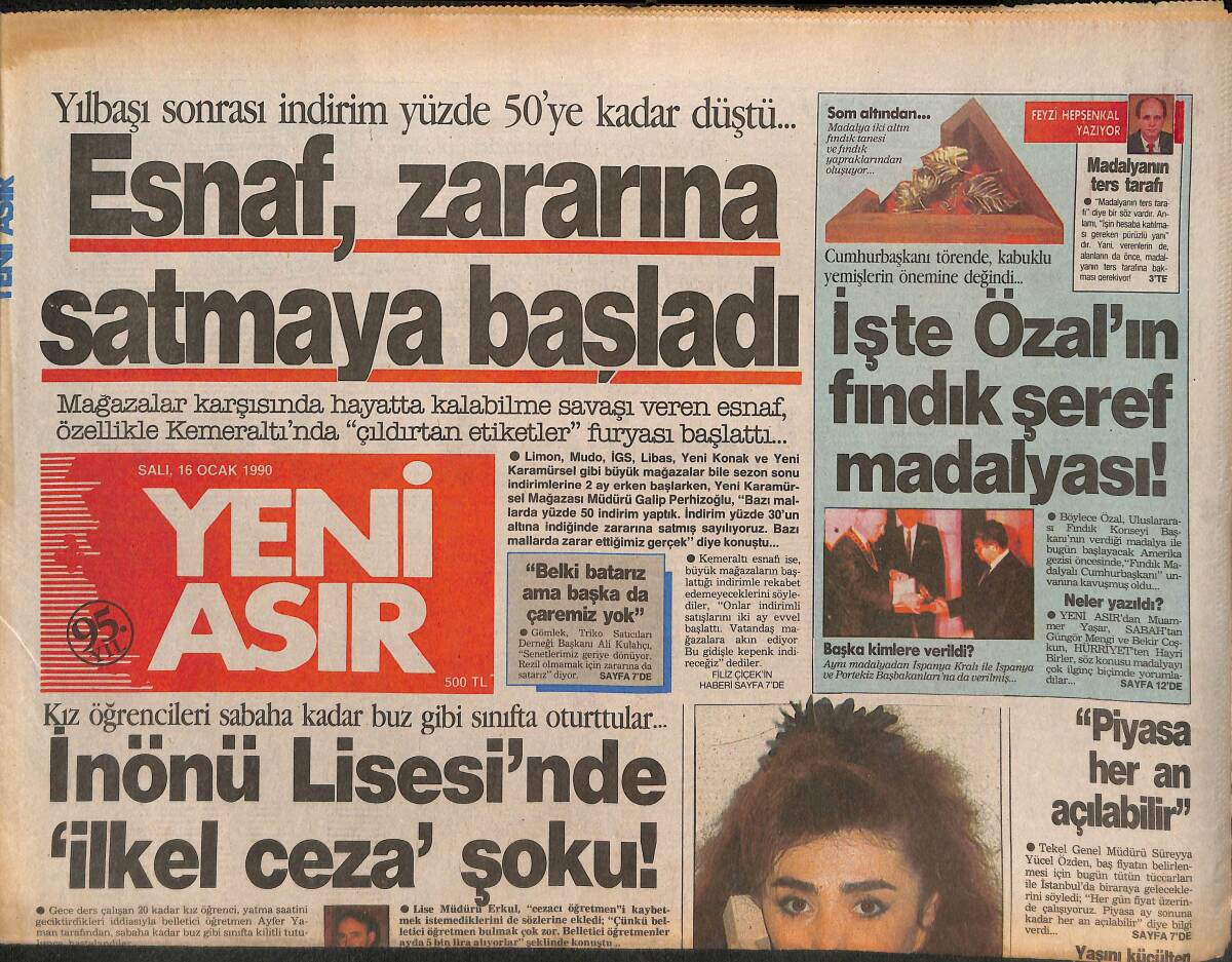 Yeni Asır Gazetesi 16 Ocak 1990 - Altay'ın Umudu Yugo'lar - İşte Özal'ın Fındık Şeref Madalyası ! GZ134330 - 1