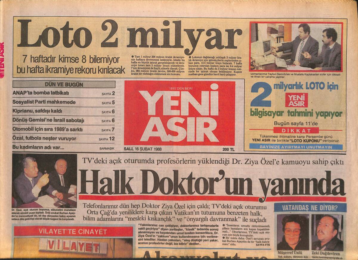 Yeni Asır Gazetesi 16 Şubat 1988 - Özal, Futbola Neşter Vuruyor - Akaryakıt Ve Tekel'e Büyük Zam GZ132193 - 1