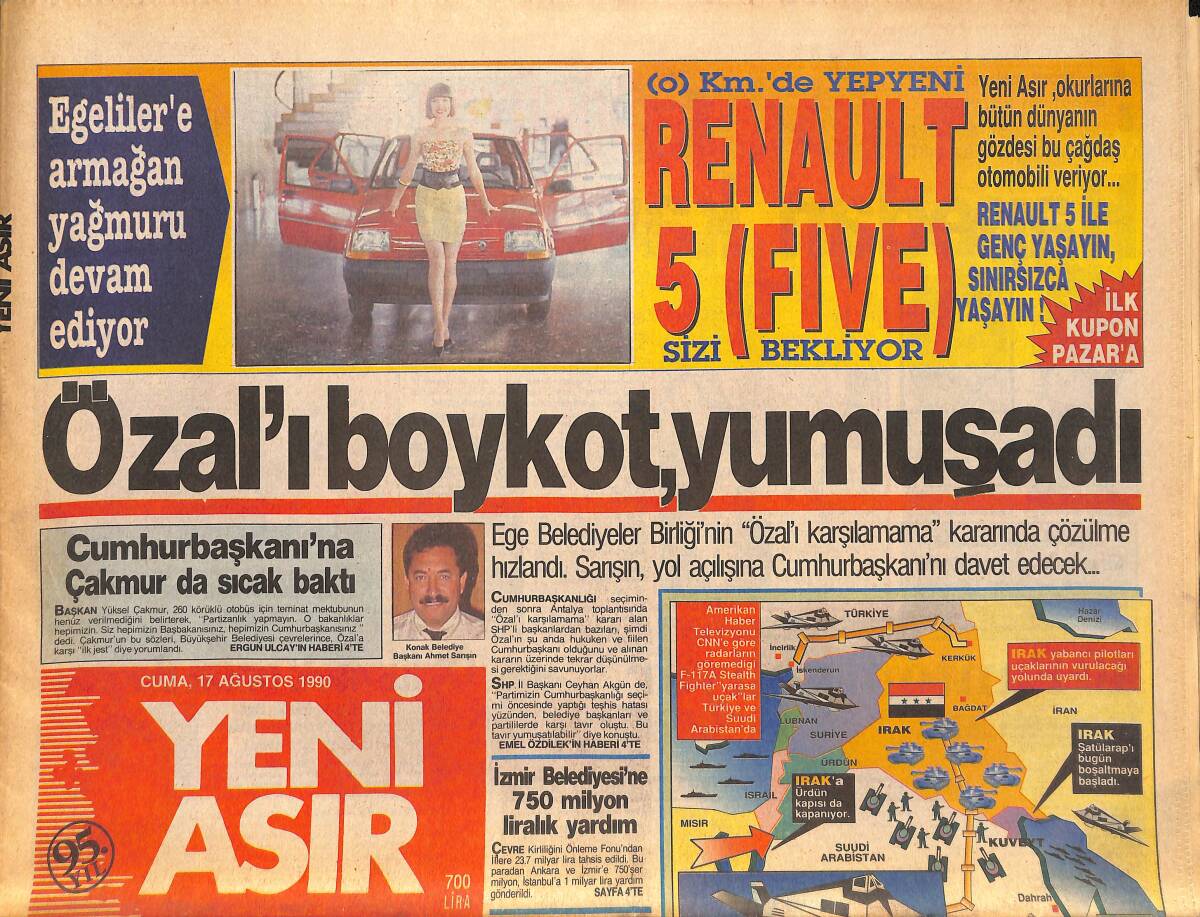Yeni Asır Gazetesi 17 Ağustos 1990 - Ayla Dikmen , Hayranlarıyla Hep Televizyonda Buluşurdu - İddia : Saddam Ölümden Döndü GZ132121 - 1
