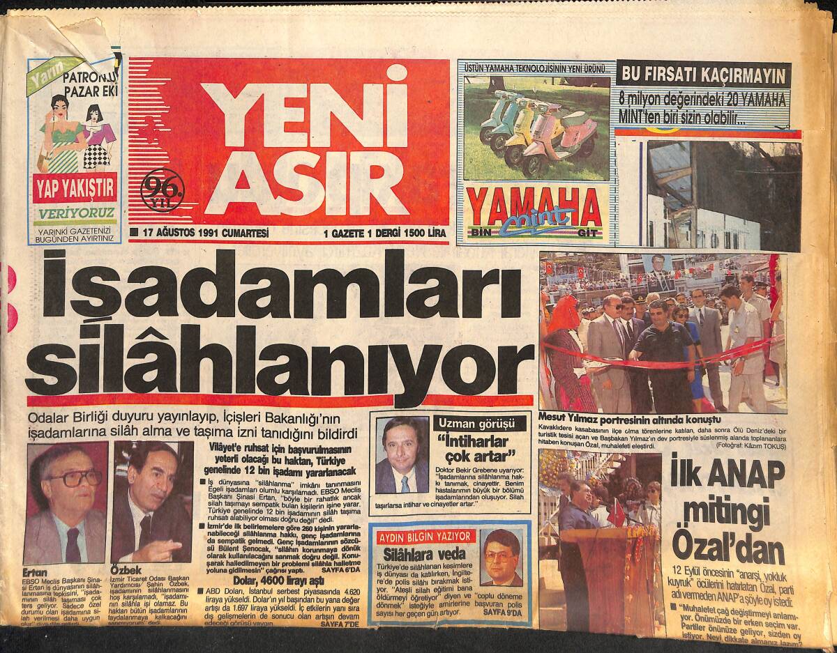 Yeni Asır Gazetesi 17 Ağustos 1991 - Hülya Avşar , Tanju'yu Kıskandırdı - İşadamları Silahlanıyor GZ132071 - 1