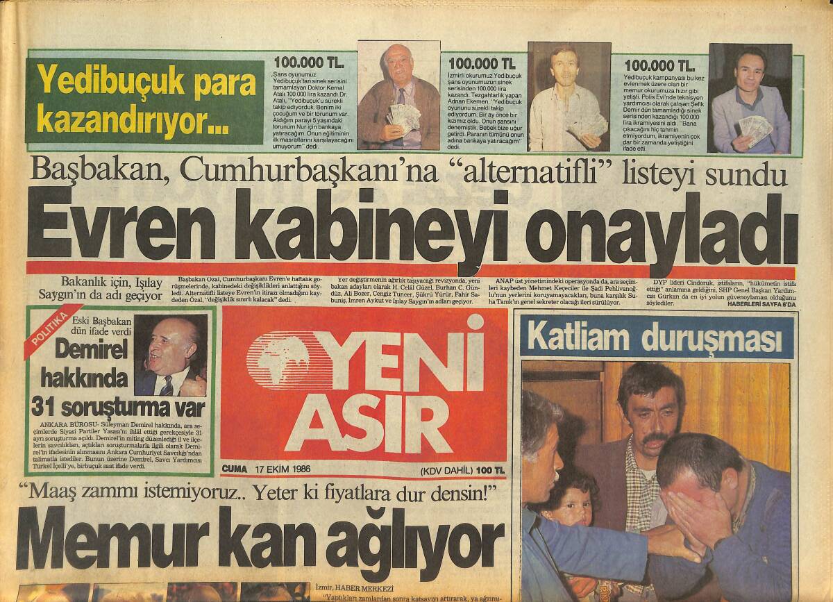 Yeni Asır Gazetesi 17 Ekim 1986 - Tunç Çapa Ölümden Döndü - Demirel Hakkında 31 Soruşturma Var GZ133565 - 1