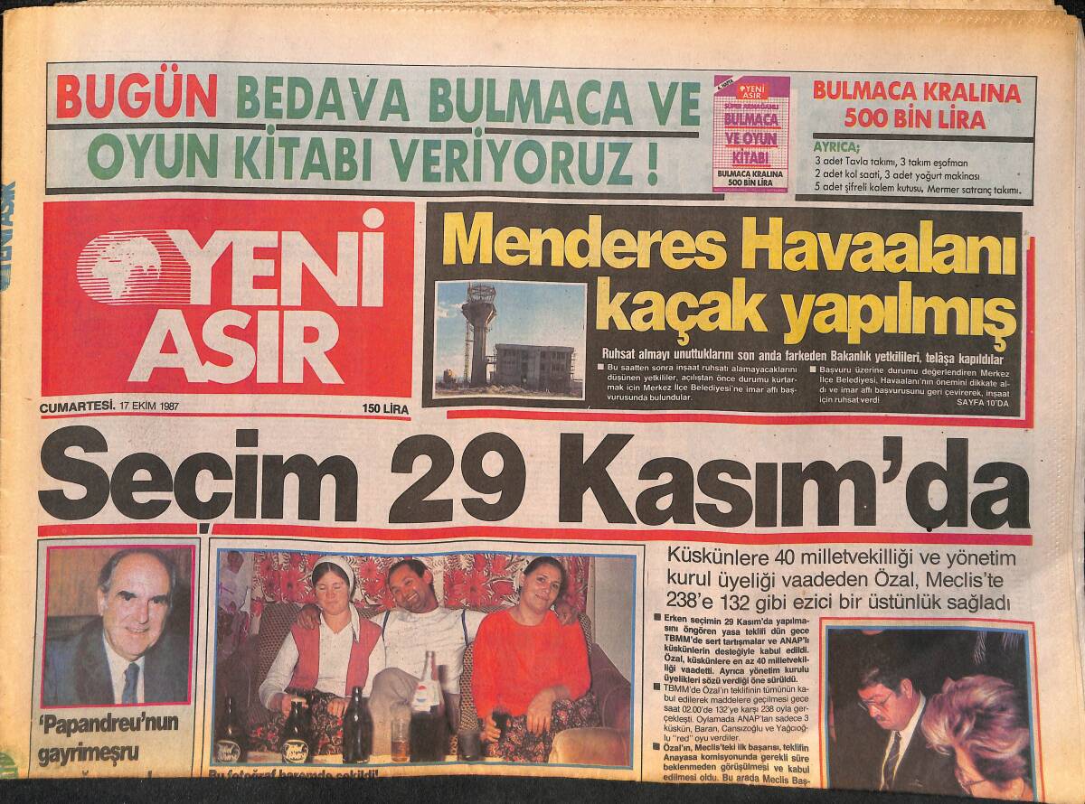 Yeni Asır Gazetesi 17 Ekim 1987 - Menderes Havaalanı Kaçak Yapılmış - Nancy Reagan, Göğüs Kanseri GZ134780 - 1