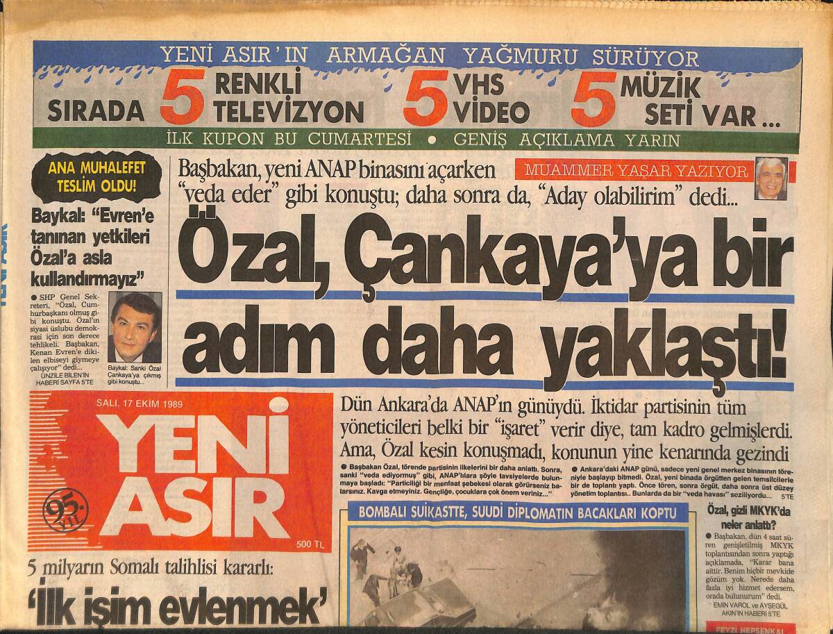 Yeni Asır Gazetesi 17 Ekim 1989 - Ankara'da Bombalı Suikast Suudi Diplomatın Bacakları Koptu - Hülya Avşar İzleyicilerin Sorularından Kaçtı GZ132237 - 1
