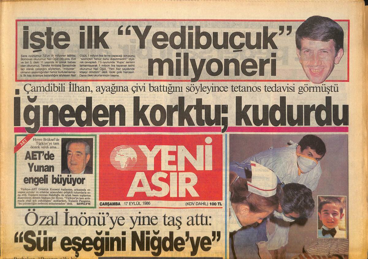 Yeni Asır Gazetesi 17 Eylül 1986 - Yaşar Doğu'nun Kemiklerini Sızlattılar - Özal , İnönü'ye Taş Attı GZ133609 - 1