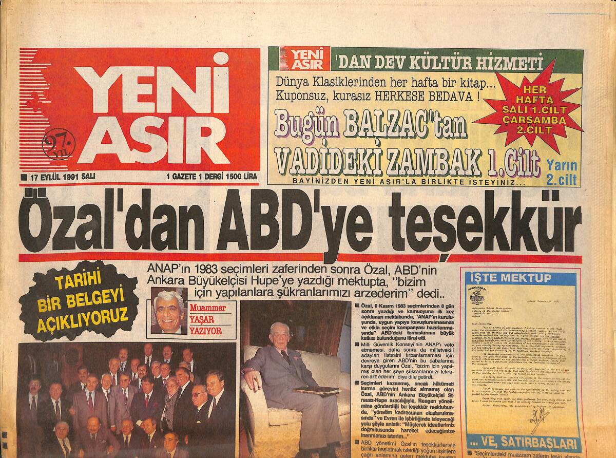 Yeni Asır Gazetesi 17 Eylül 1991 - Cimbom'da Huzursuzluk - Özal'dan ABD'ye Teşekkür GZ132113 - 1