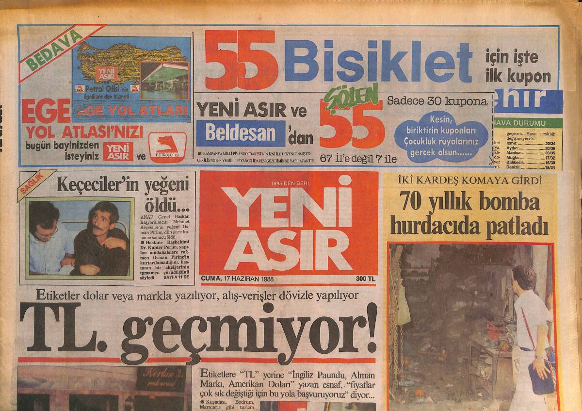 Yeni Asır Gazetesi 17 Haziran 1988 - Erbakan'ın Gözü Köşk'te - TSYD Kupası Kuraları Çekildi GZ132152 - 1