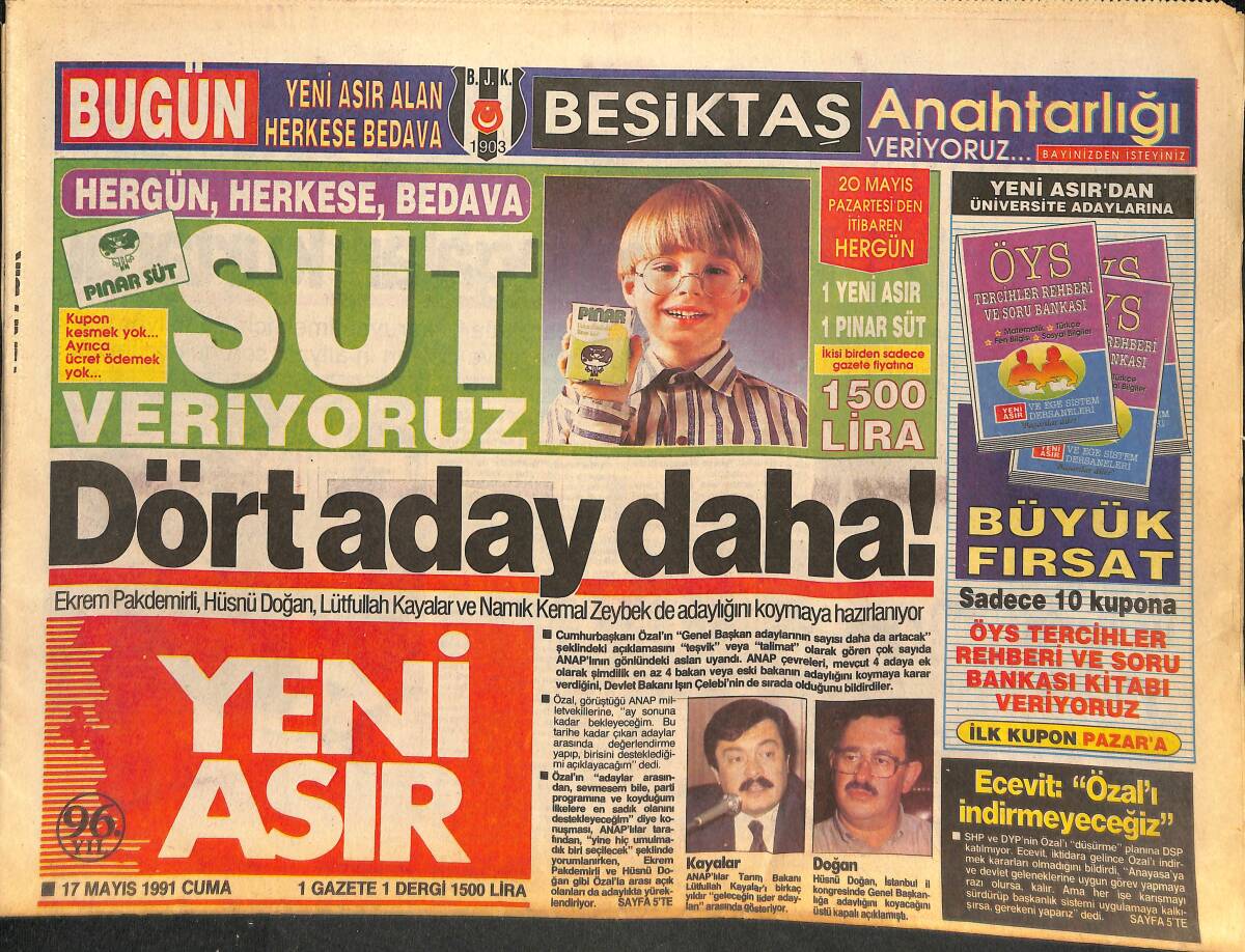 Yeni Asır Gazetesi 17 Mayıs 1991 - Ecevit'ten Açıklama : Özal'ı İndirmeyeceğiz - Malatya'da Meydana Gelen Sel'de 37 Kişi Kayıp GZ132260 - 1