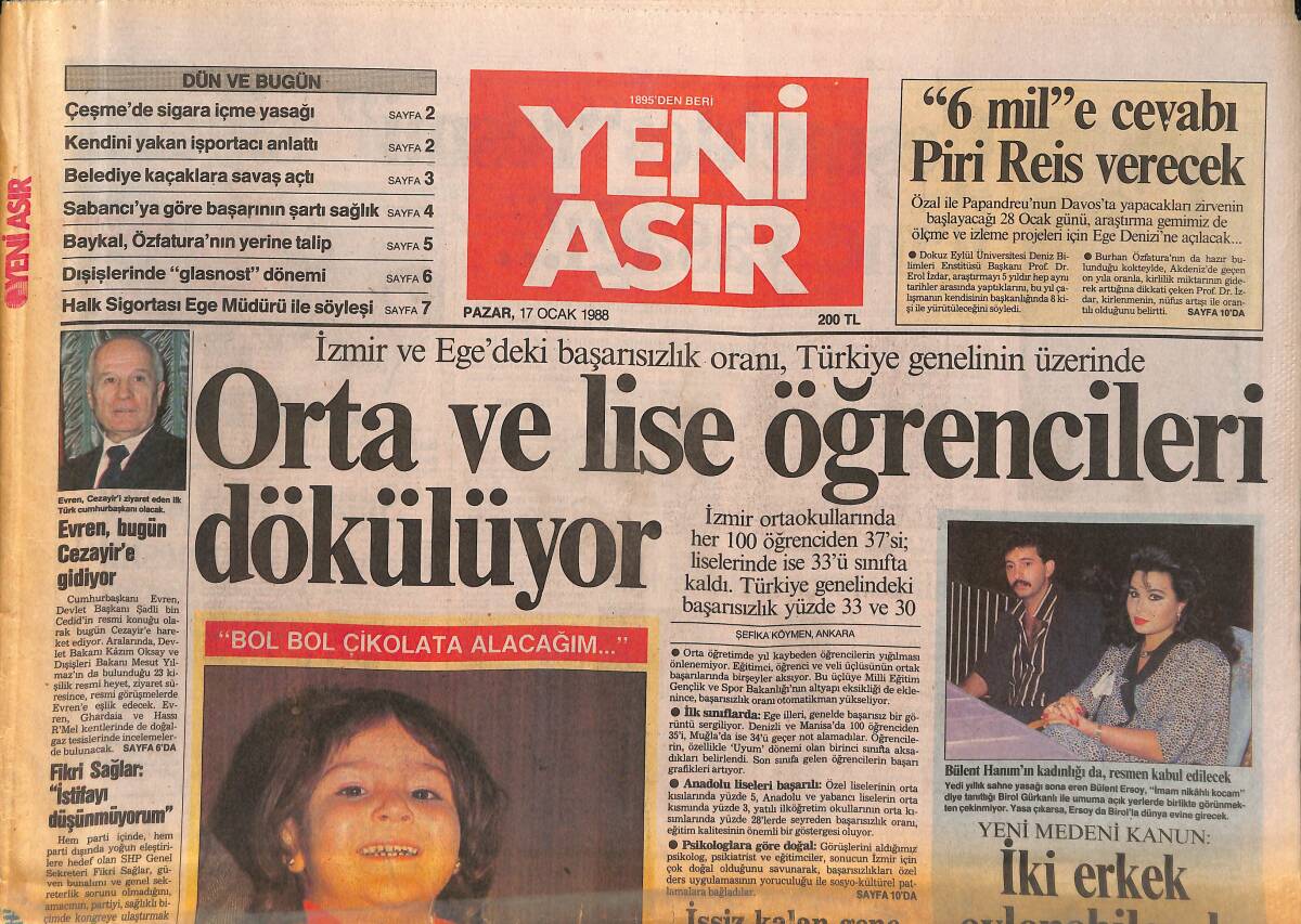 Yeni Asır Gazetesi 17 Ocak 1988 - Bülent Ersoy'un Kadınlığı da , Resmen Kabul Edilecek - KSK Eczacıbaşı Önünde Şanssızdı GZ133744 - 1