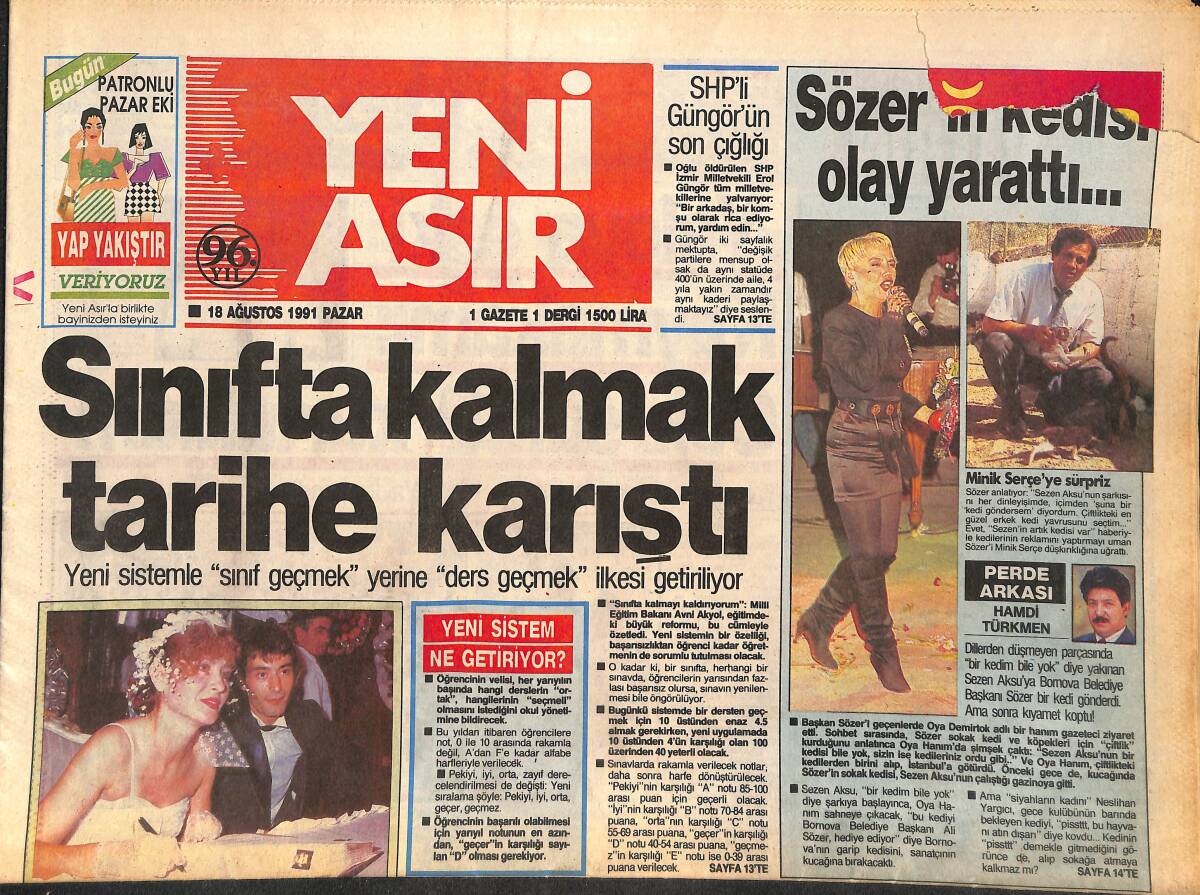 Yeni Asır Gazetesi 18 Ağustos 1991 - Gönül Budak Muradına Erdi - Sezen Aksu'ya Sürpriz GZ132138 - 1