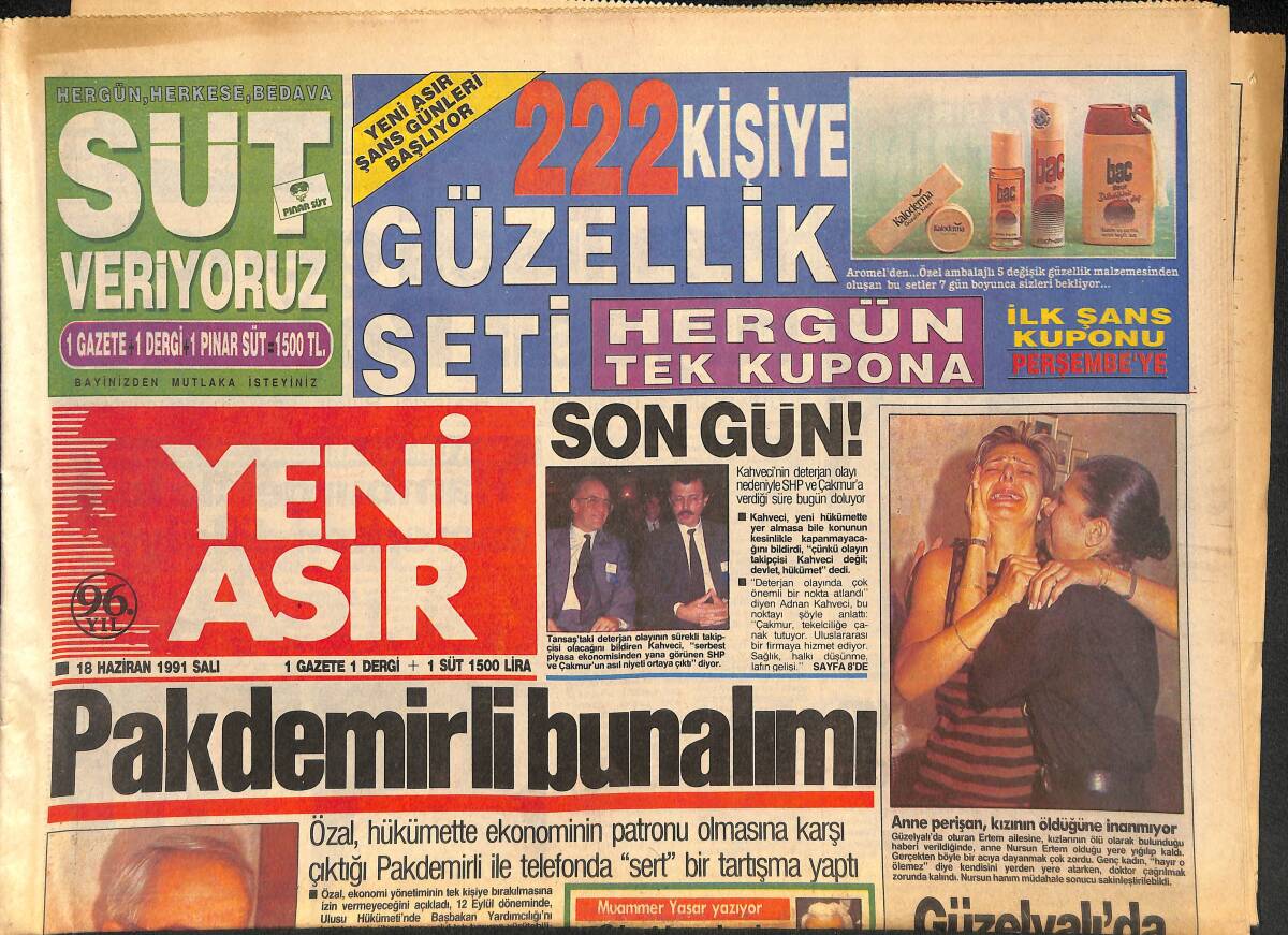 Yeni Asır Gazetesi 18 Haziran 1991 - Pakdemirli Bunalımı - Ligde Af Umudu Canlandı GZ134354 - 1