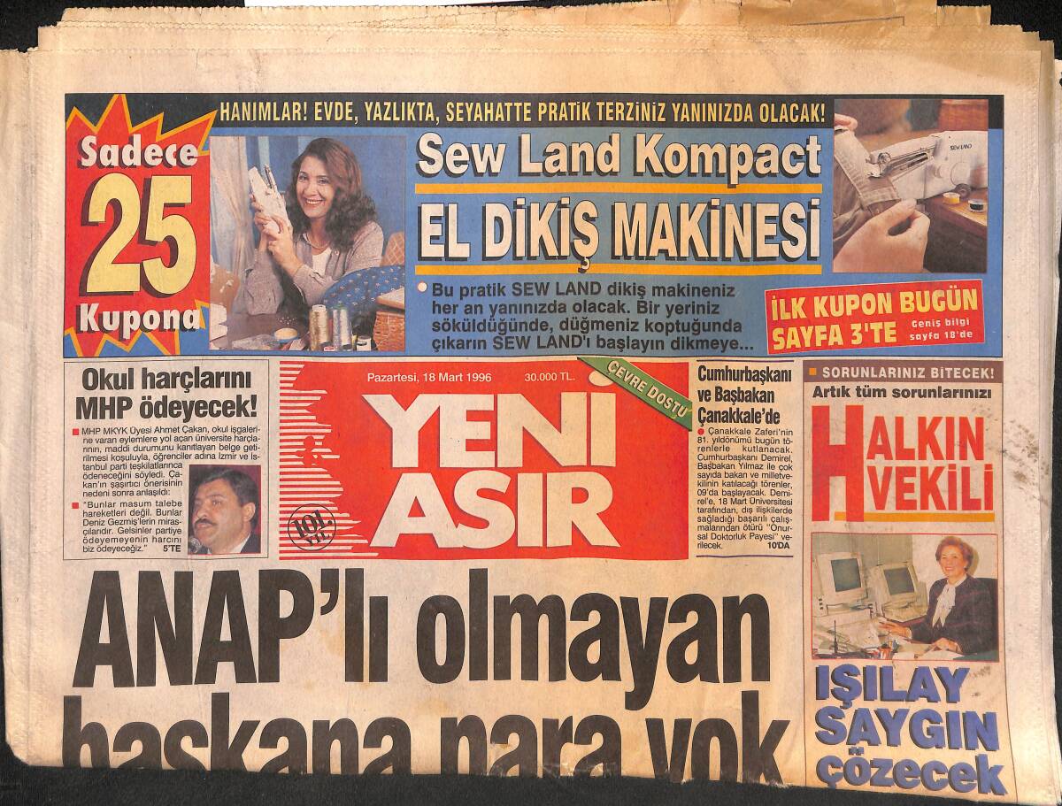 Yeni Asır Gazetesi 18 Mart 1996 - Menderes'in Durumu Aynı - ANAP'lı Olmayan Başkana Para Yok GZ134319 - 1