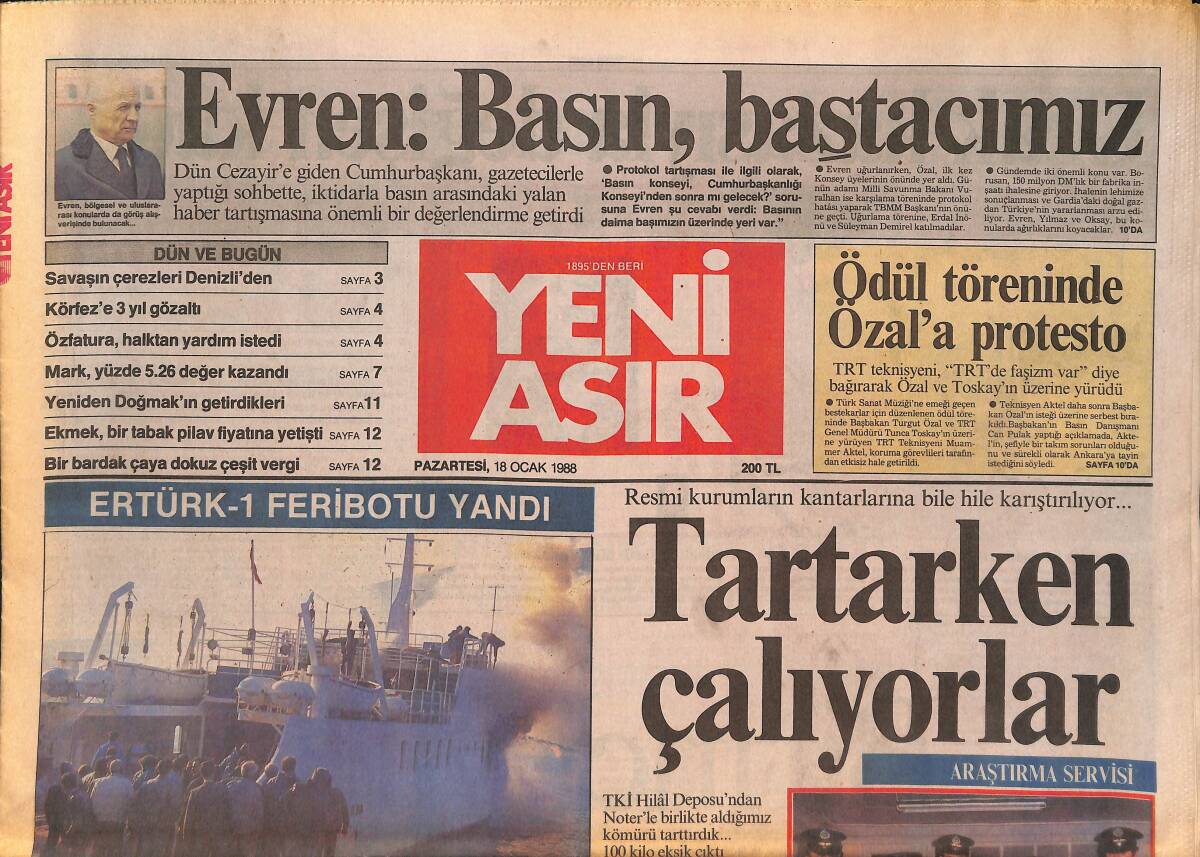 Yeni Asır Gazetesi 18 Ocak 1988 - Çeşme Limanındaki Yangın Sabotaj Mı ? - Ekmek Sonunda Bir Tabak Pilav Fiyatına Yetişti !.. GZ133743 - 1