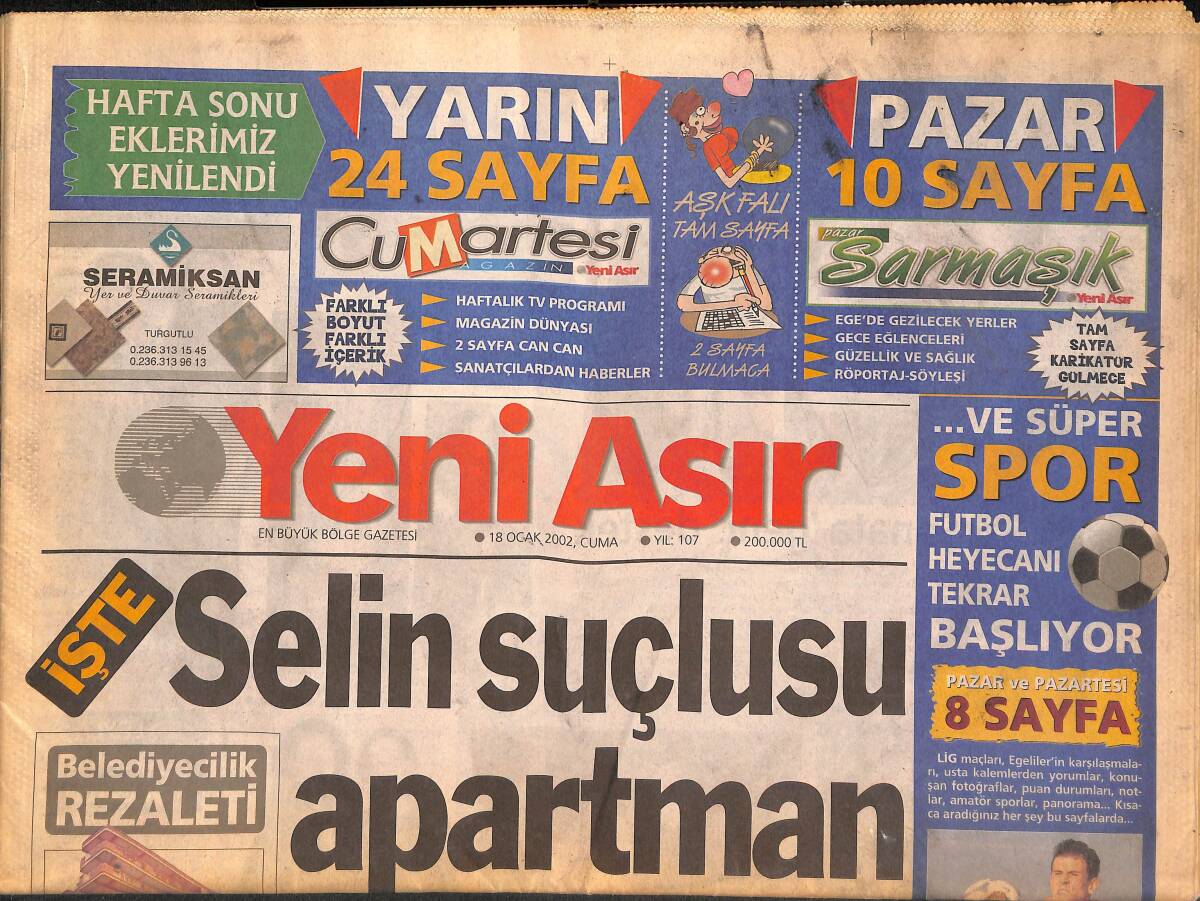 Yeni Asır Gazetesi 18 Ocak 2002 - Taneyle İlaç Devri Başladı - Türkiye Artık Dünya Devleti GZ134325 - 1