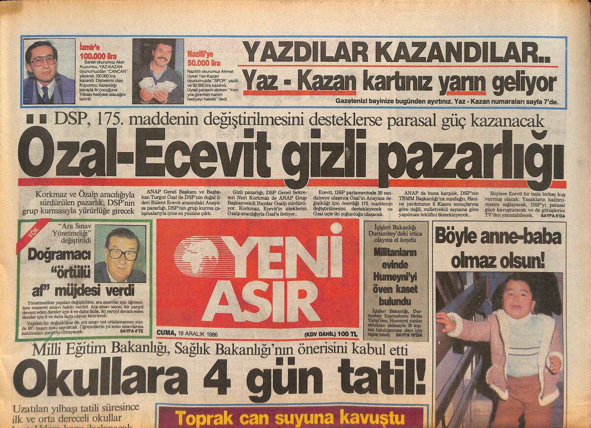 Yeni Asır Gazetesi 19 Aralık 1986 - Maradona Mafya'ya Kafa Tuttu - Denizli'de Kuduz Hafife Alınıyor GZ134332 - 1
