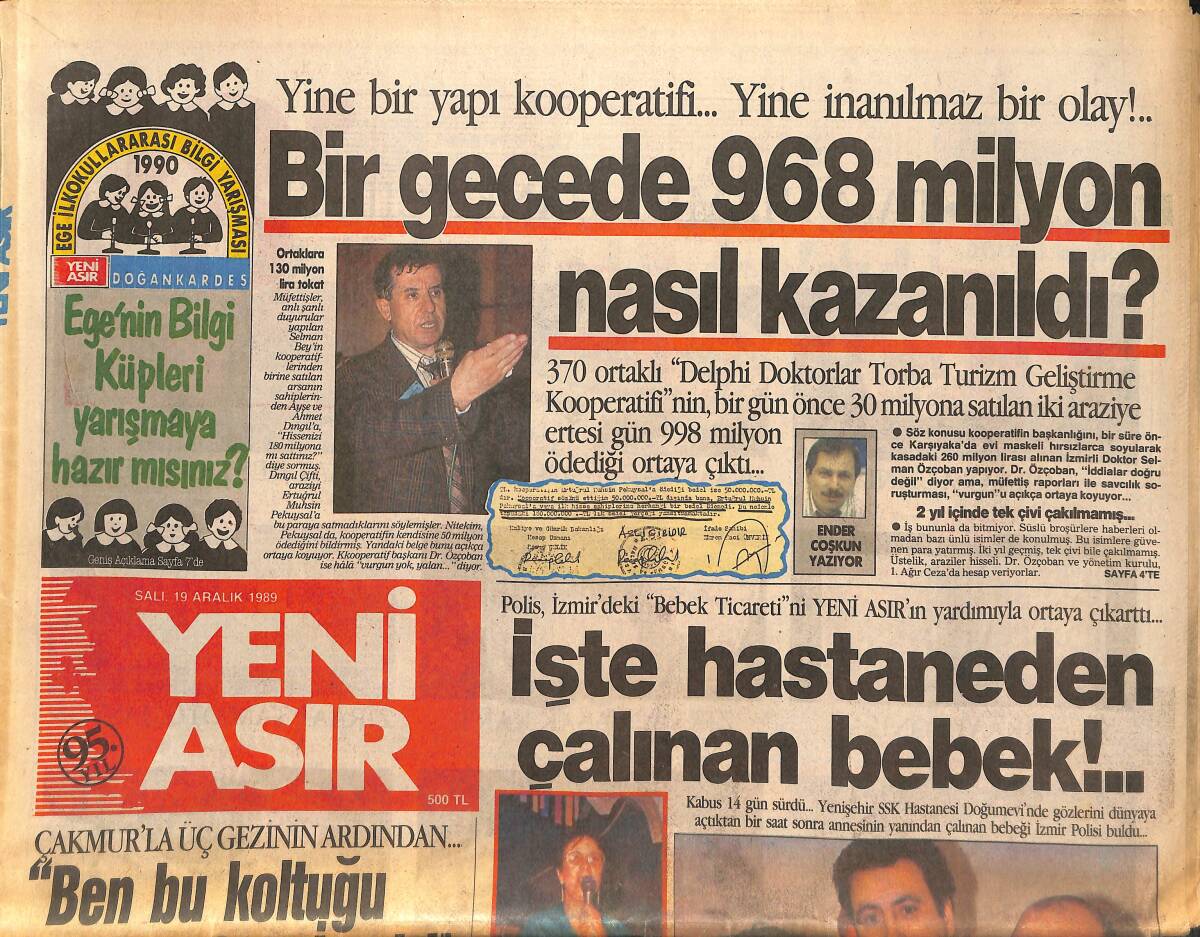 Yeni Asır Gazetesi 19 Aralık 1989 - Trabzonspor'da Reha Bilmecesi - Hafız Esad Kan Kanseri GZ134312 - 1