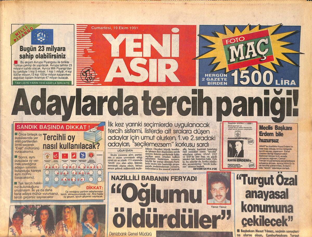 Yeni Asır Gazetesi 19 Ekim 1991 - APO Türkiye'nin Elinde Mi ? - Talabani'den PKK'ya Çağrı GZ131492 - 1